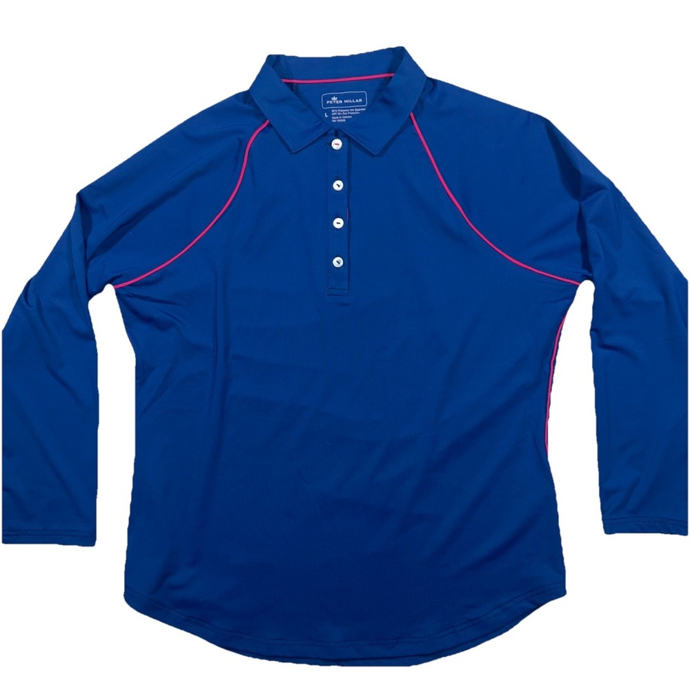 Peter Millar Performance Long Sleeve Polo Women's Large Blue Pink Stretchy Golf